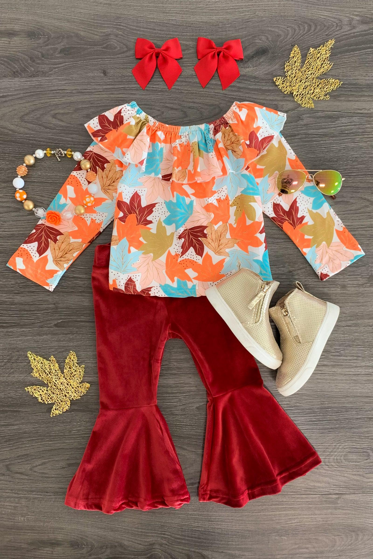 (Custom Design MOQ 5)  Maple Leaf top red velvet bell pants girls fall clothes set