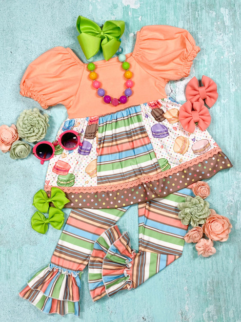 (Custom Design MOQ 5) Macaron print girls ruffles pants clothes set