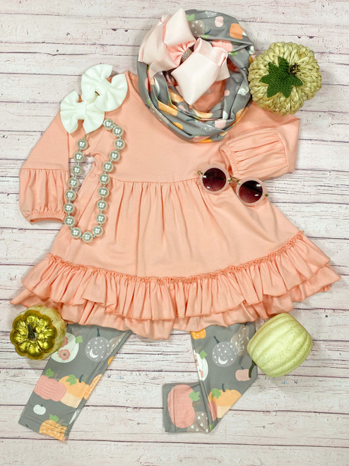 (Custom Design MOQ 5) Pink cotton tunic top pumpkin legging pants girls fall clothes set