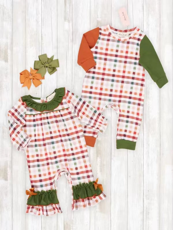 (Custom Design MOQ 5)  Fall plaid baby girls ruffles romper