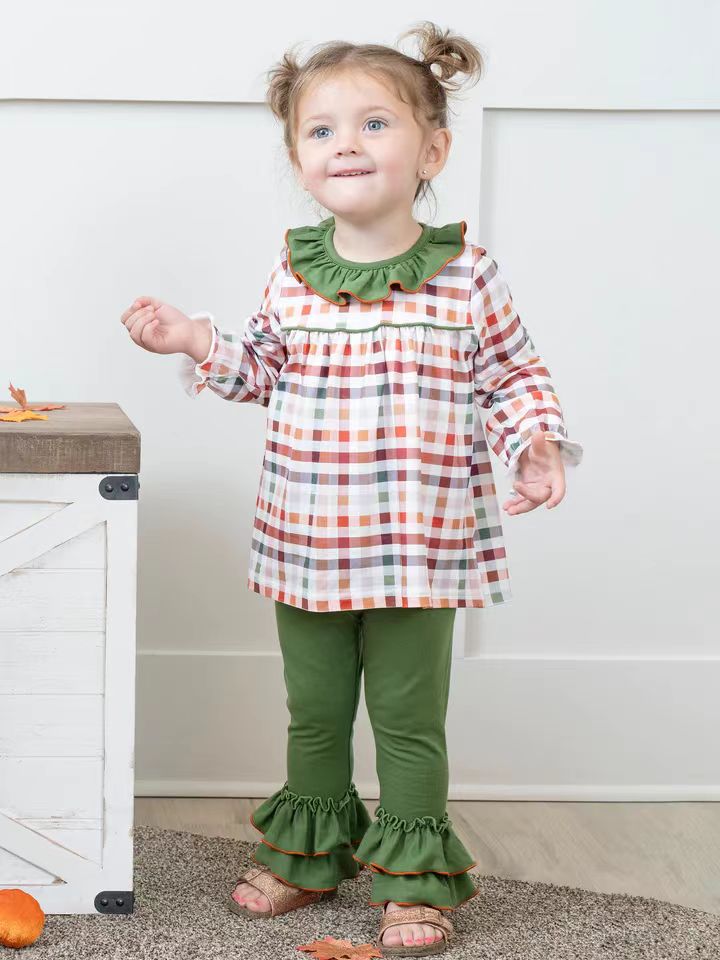 (Custom Design MOQ 5)  Fall plaid tunic top green legging ruffles pants girls clothes set