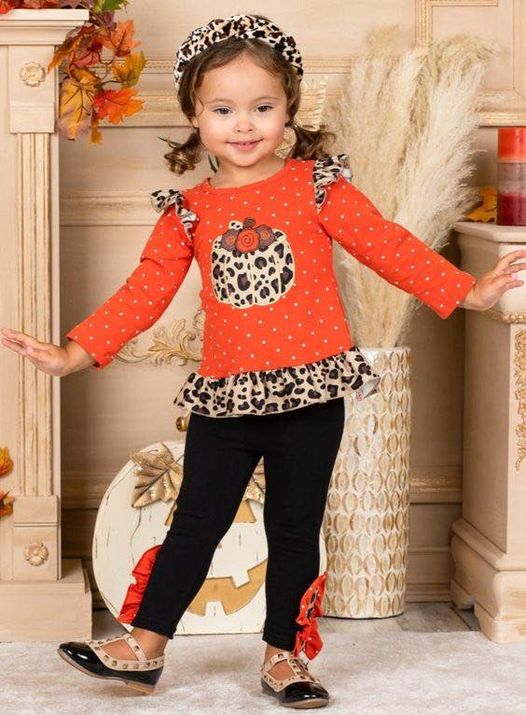 (Custom Design MOQ 5) Pumpkin leopard print girls legging pants fall clothes set