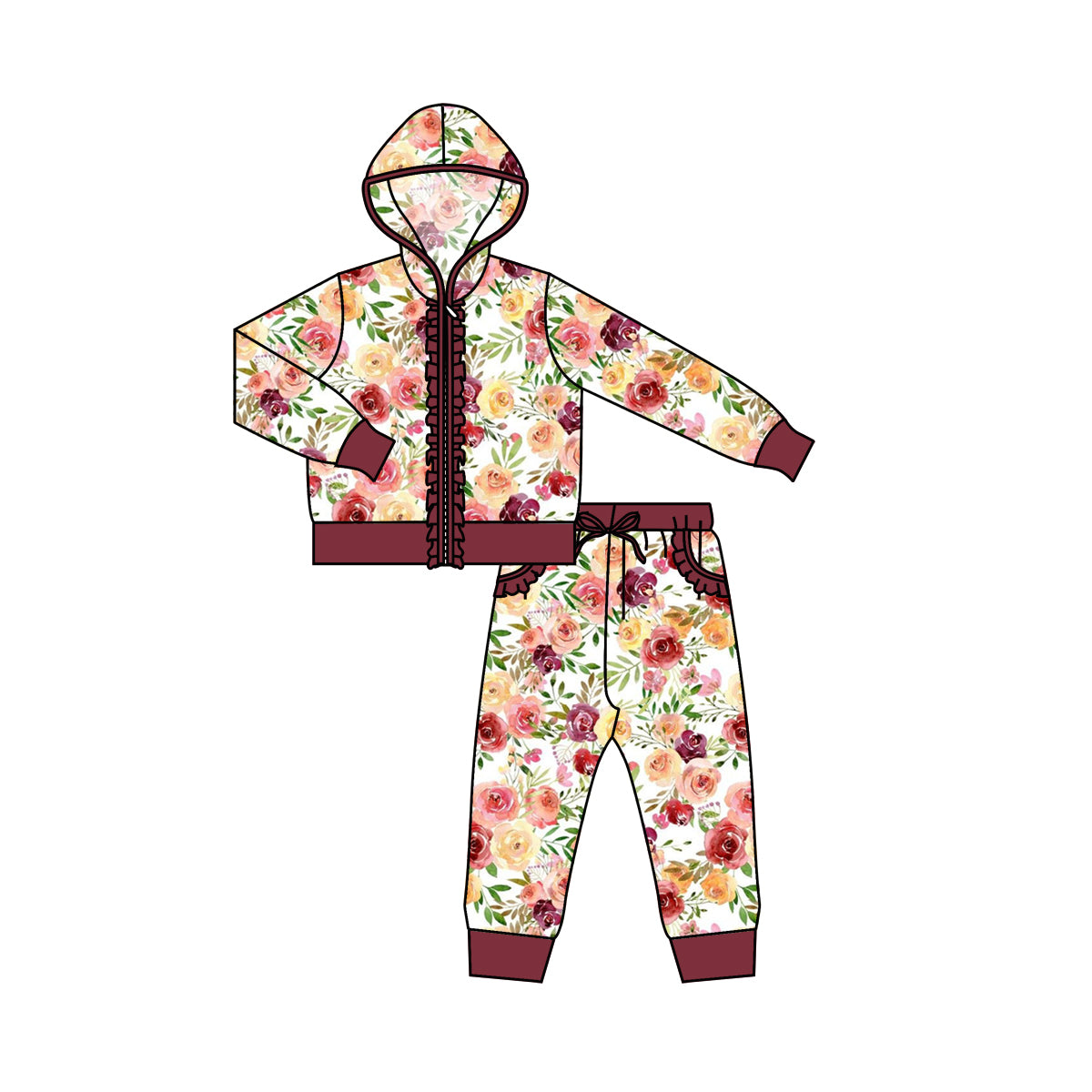 (Custom Design MOQ 5)  Flowers print girls hoodie ruffle zipper jacket top fall clothes set