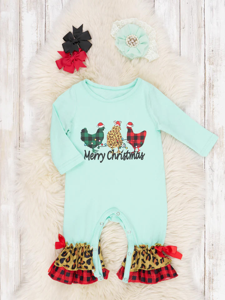 (Custom Design MOQ 5) Merry Christmas leopard chicken print baby girls romper