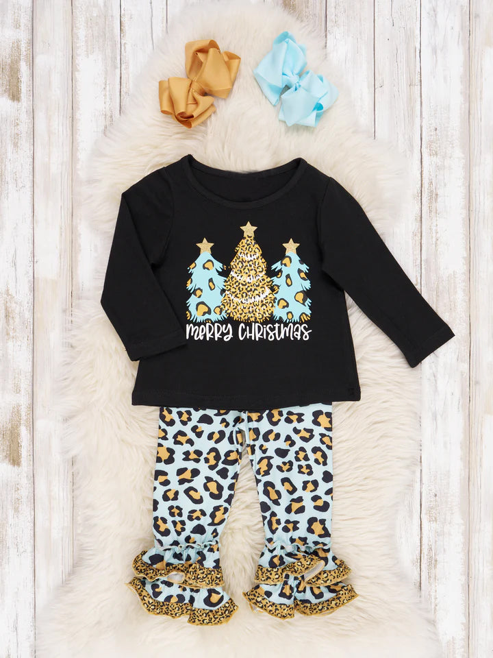 (Custom Design MOQ 5)  Merry Christmas leopard tree print girls clothes set