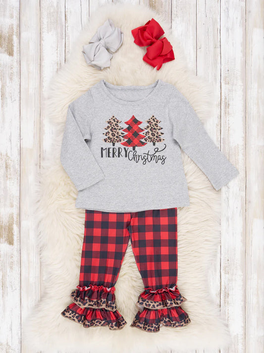 (Custom Design MOQ 5)  Merry Christmas leopard tree print red plaid pants girls clothes set