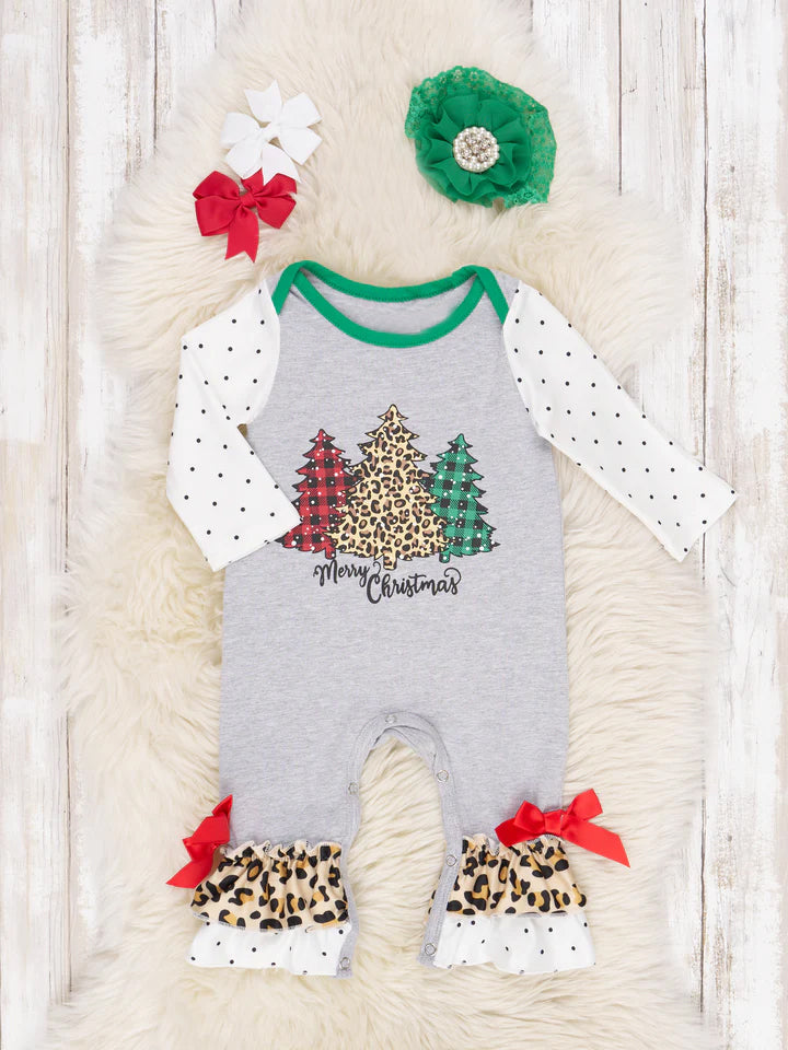 (Custom Design MOQ 5) Merry Christmas leopard tree print baby girls romper