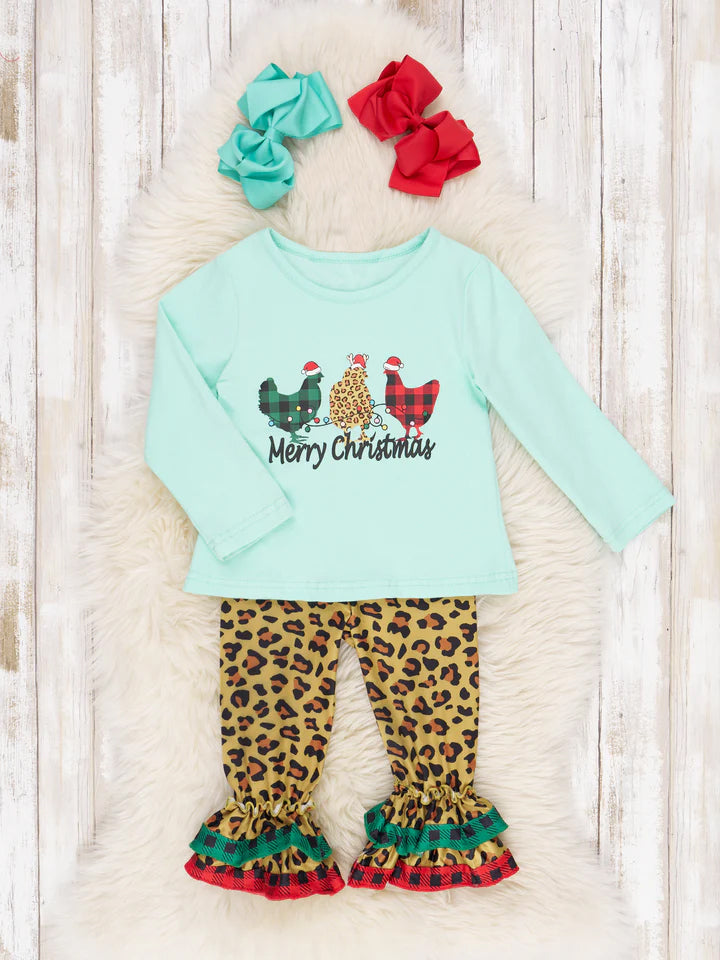 (Custom Design MOQ 5)  Merry Christmas leopard chicken print ruffles pants girls clothes set