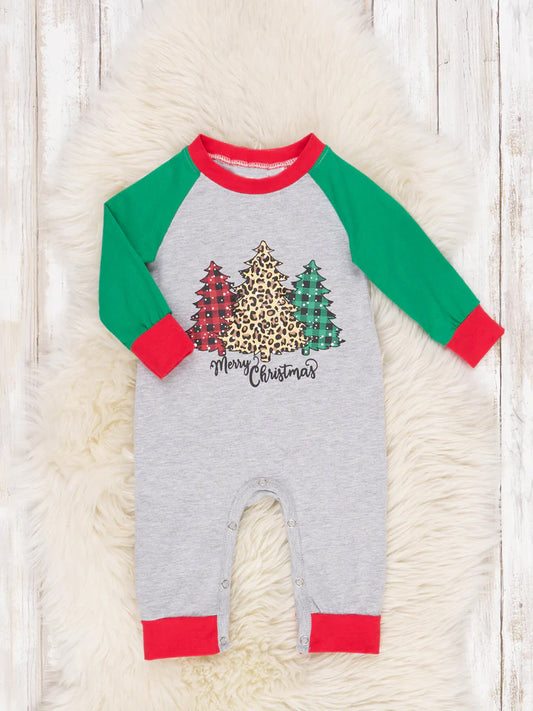 (Custom Design MOQ 5) Merry Christmas leopard tree print baby boys romper