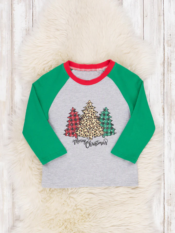 (Custom Design MOQ 5)  Merry Christmas leopard tree print green raglan sleeve boys tee shirts top