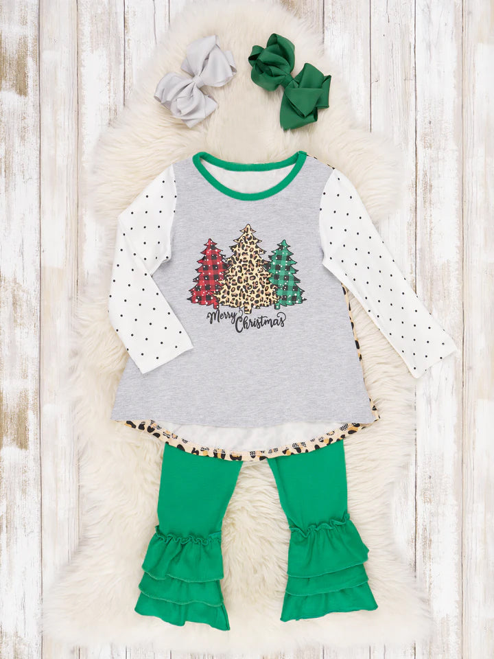 (Custom Design MOQ 5)  Merry Christmas leopard tree print green ruffles pants girls clothes set