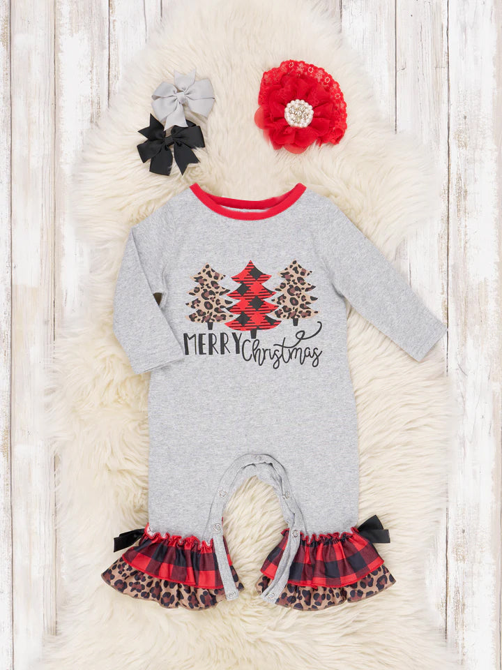 (Custom Design MOQ 5) Merry Christmas leopard tree print grey baby girls romper