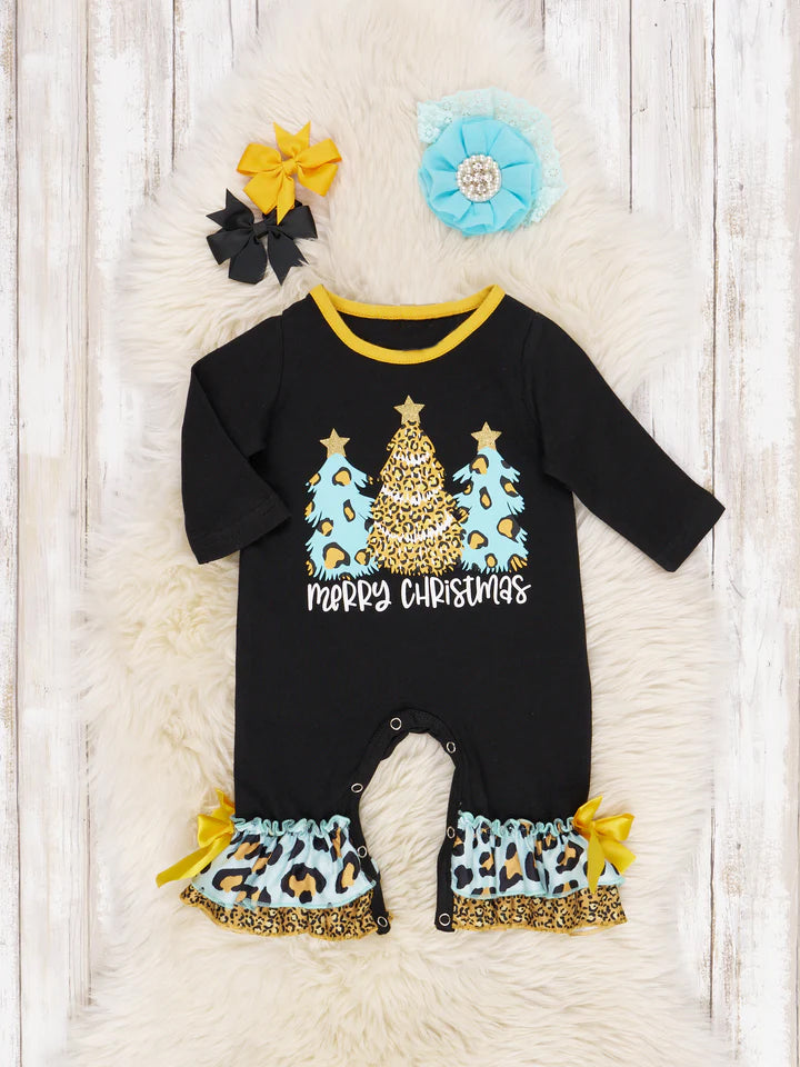 (Custom Design MOQ 5) Merry Christmas leopard tree print baby girls romper