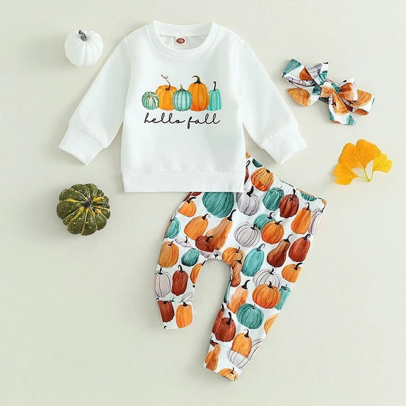 (Custom Design MOQ 5)  Hello fall pumpkin pants girls clothes set