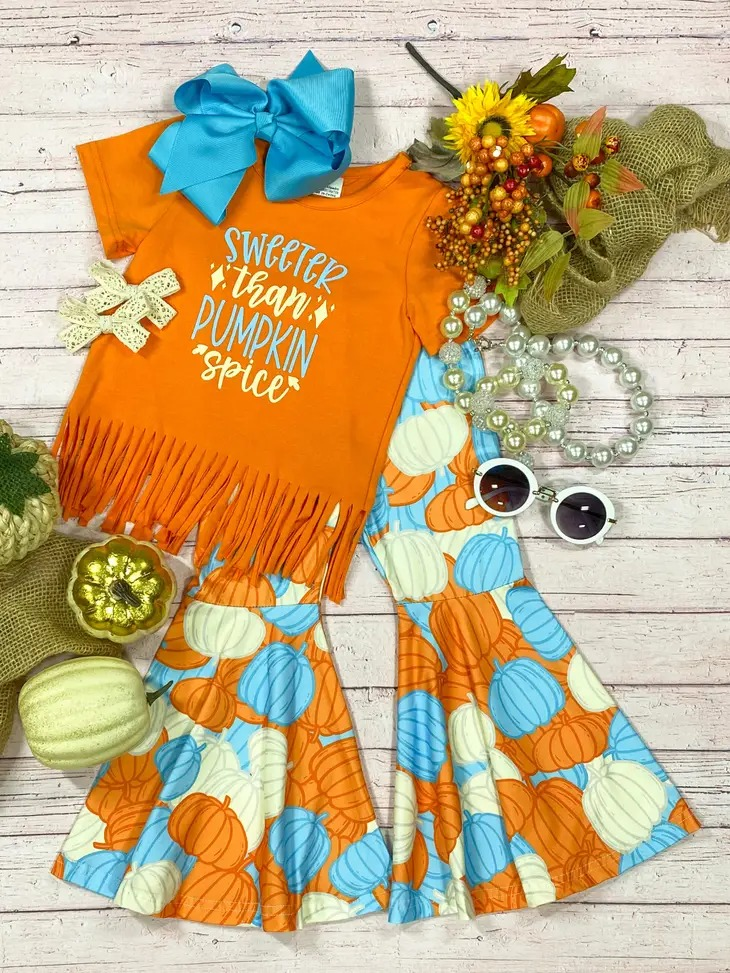 (Custom Design MOQ 5)  Sweeter than pumpkin spice bell pants girls fall clothes set