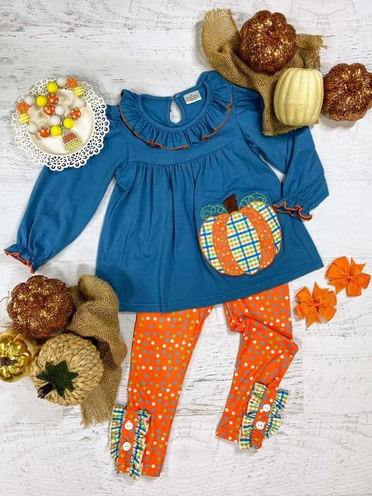 (Custom Design MOQ 5) Blue pumpkin tunic top dots legging pants girls clothes set