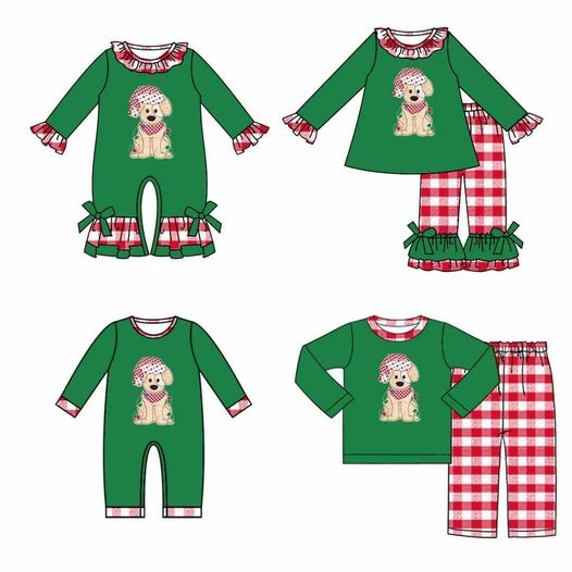 (Custom Design MOQ 5)  Christmas dog green top red plaid ruffles pants girls clothes set