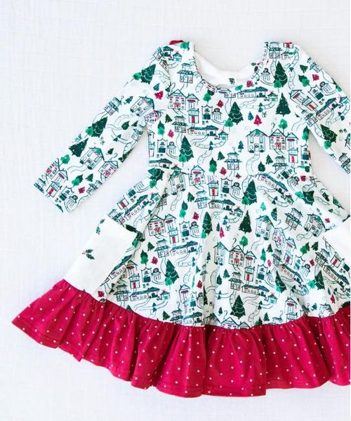 (Custom Design MOQ 5) Christmas Town girls knee length dress