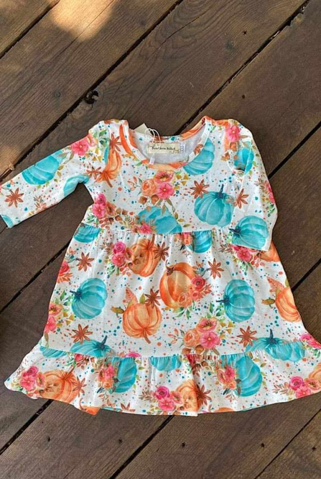 (Custom Design MOQ 5)  Pumpkin Flowers Girls Knee Length Dress