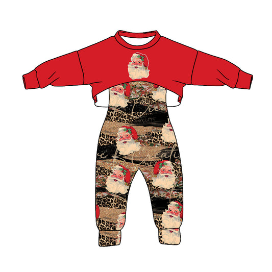 (Custom Design MOQ 5) Red Santa Leopard Girls Jumpsuits Christmas Clothes Set