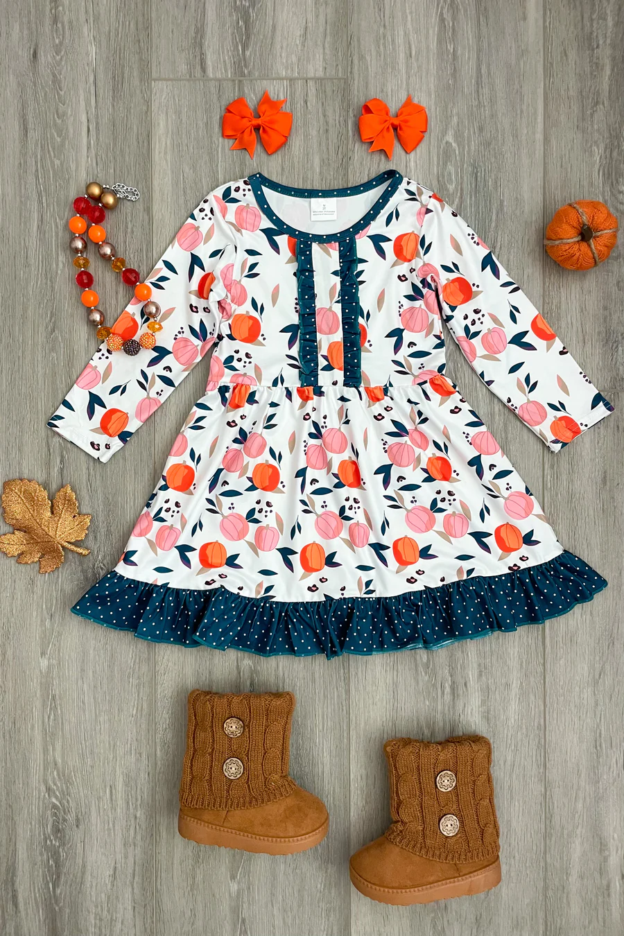 (Custom Design MOQ 5)  Navy Ruffles Girls Pumpkin Knee Length Dress