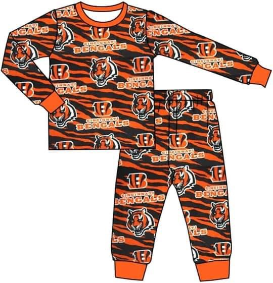 (Custom Design MOQ 5) Orange Football Team's Pants Girls Pajamas Clothes Set