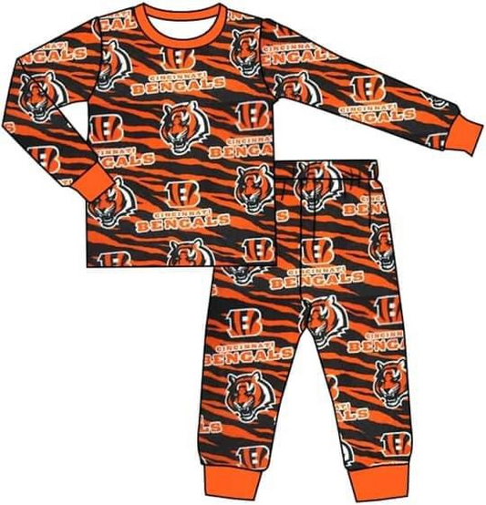 (Custom Design MOQ 5) Orange Football Team's Pants Girls Pajamas Clothes Set