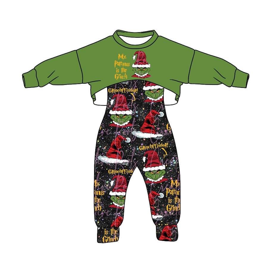 (Custom Design MOQ 5) Green Frog Girls Jumpsuits Christmas Clothes Set