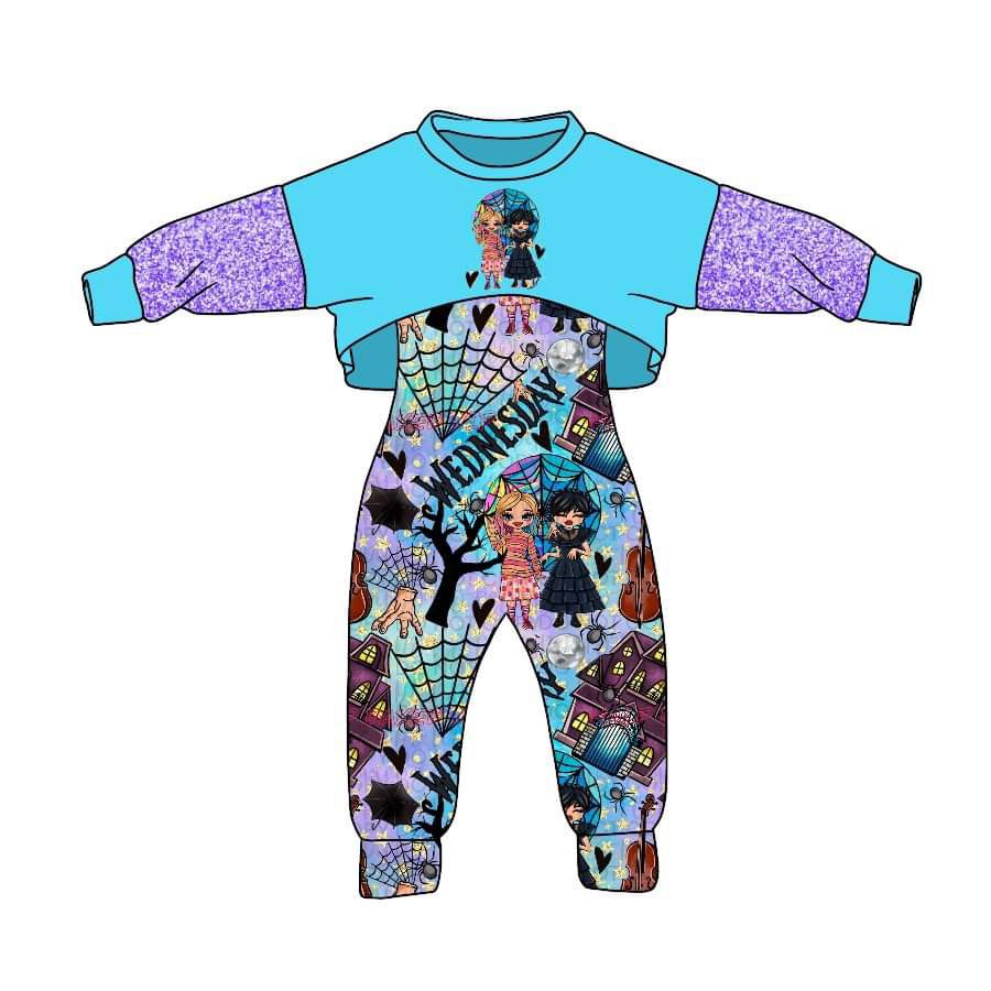 (Custom Design MOQ 5) Blue Wednesday Girls Jumpsuits Clothes Set