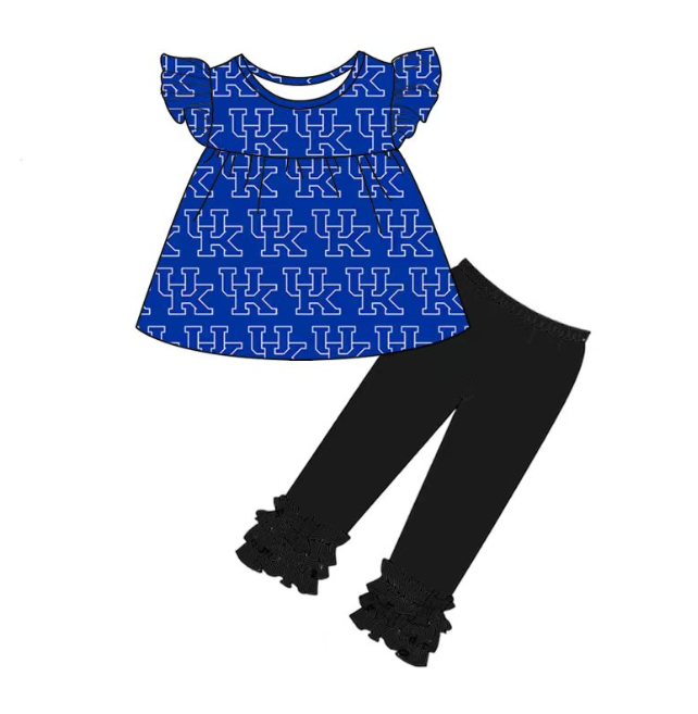 (Custom Design MOQ 5) Flutter Sleeve Blue Football Team's Black Legging Pants Girls Clothes Set