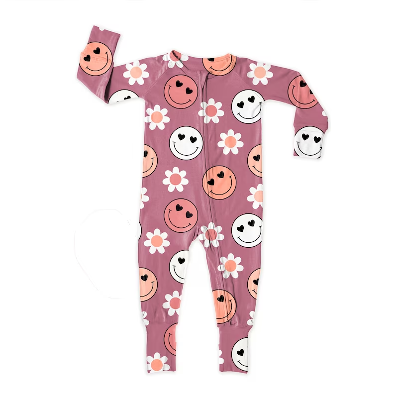 (Custom Design MOQ 5)  Pink flowers smiling face print baby girls zipper romper