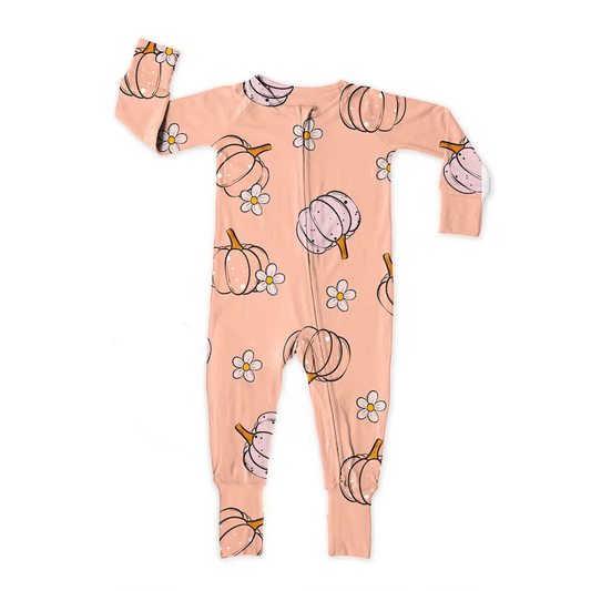 (Custom Design MOQ 5)  Pink pumpkin flowers baby fall zipper romper