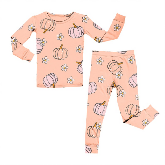 (Custom Design MOQ 5) Pink pumpkin flowers print pajamas clothes set