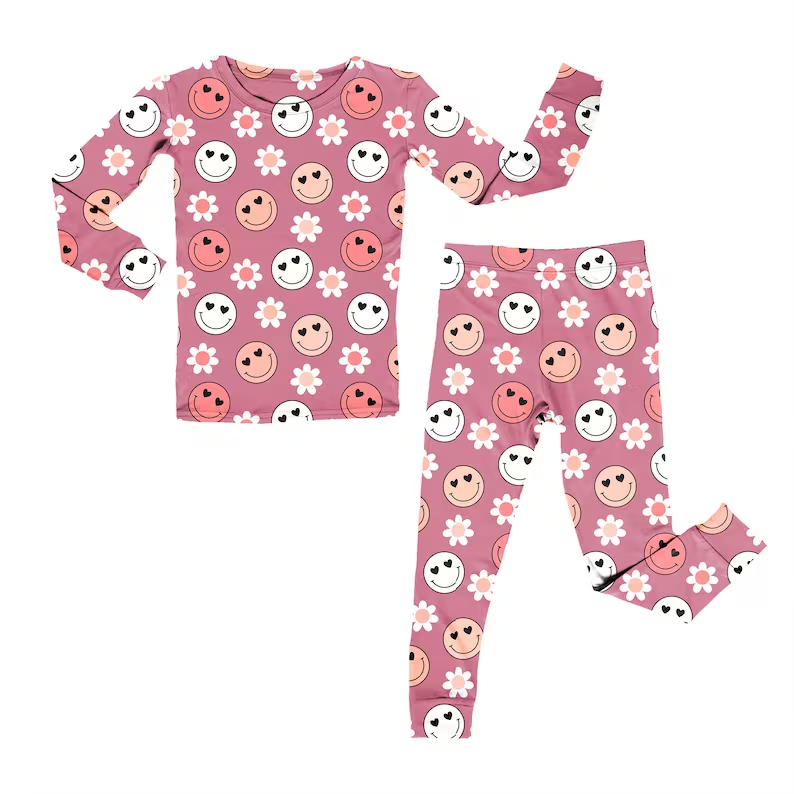 (Custom Design MOQ 5) Pink flowers smiling face print pajamas clothes set