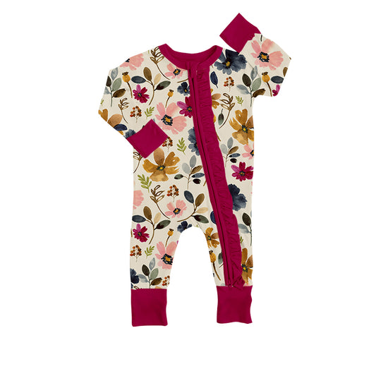 (Custom Design MOQ 5) Flowers Baby Girls Zip Romper