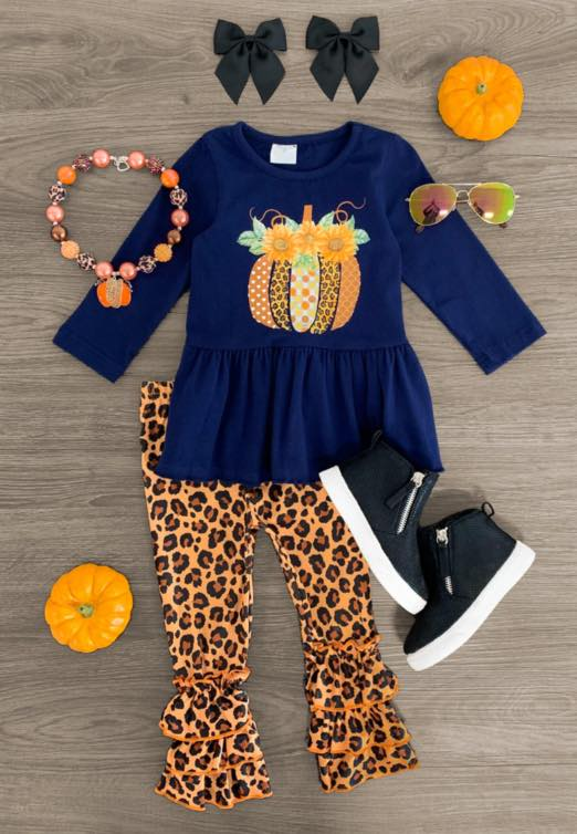 (Custom Design MOQ 5)Navy pumpkin top leopard ruffles pants girls fall clothes set