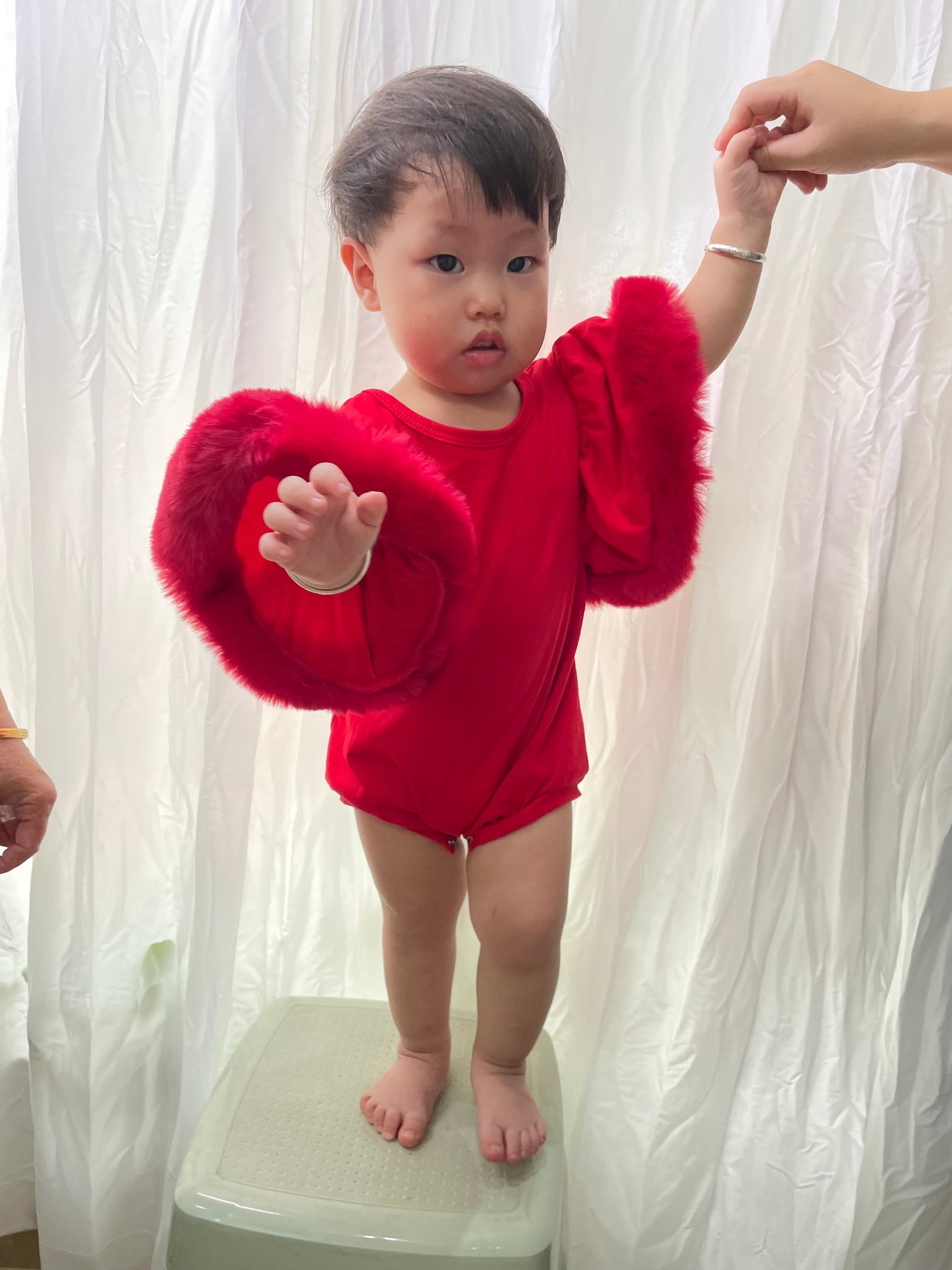 SR0583+P0324 Pink Fur Sleeve Romper Heart Jeans Baby Girls Valentine's Day Clothes Set