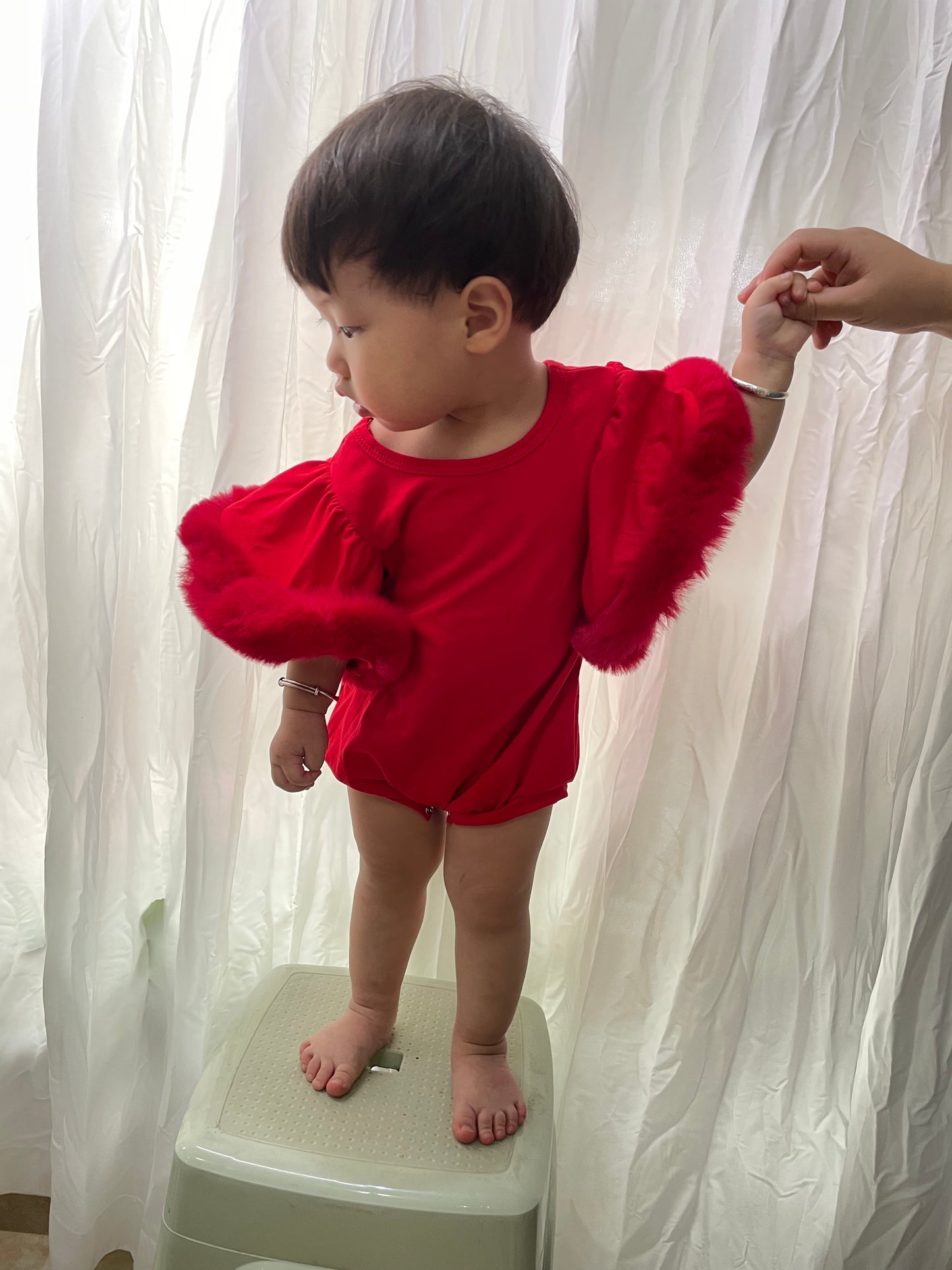 SR0583+P0324 Pink Fur Sleeve Romper Heart Jeans Baby Girls Valentine's Day Clothes Set