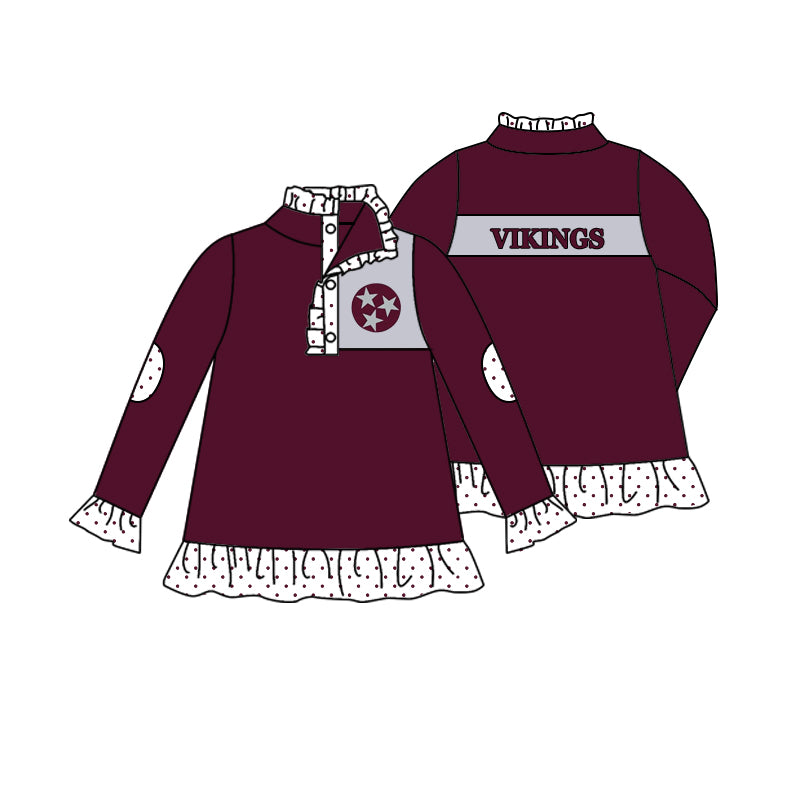 (Custom Design MOQ 5)   Girls wine football team's long sleeve button pullover shirts