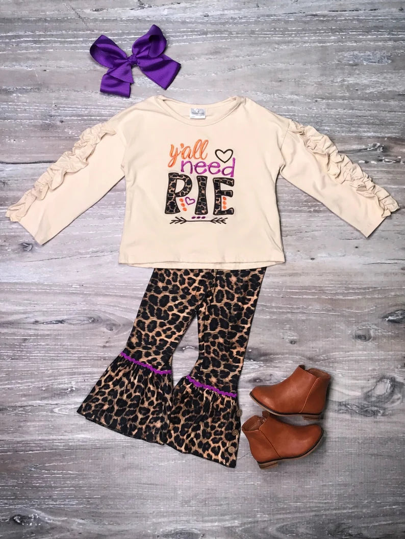 (Custom Design MOQ 5)  Y'all Need Pie Top Leopard Bell Pants Girls Fall clothes set