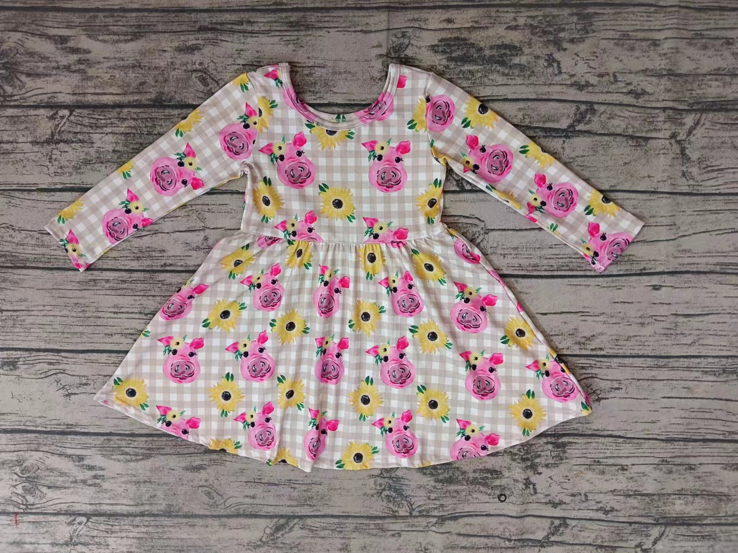 (Custom Design Preorder MOQ 5) Pink Pig Flowers Print Girls Knee Length Dress