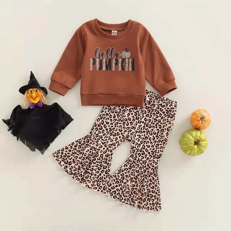 (Custom Design MOQ 5)  Hello Pumpkin Brown Top Leopard Bell Pants Girls Fall clothes set