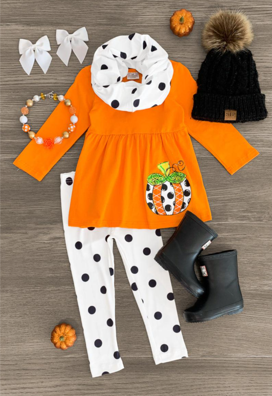 (Custom Design MOQ 5)  Orange Pumpkin Tunic Top Legging Pants Girls Fall 3 Pieces clothes set