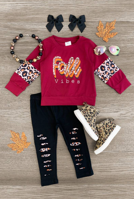 (Custom Design MOQ 5)  Fall Vibes Wine Top Leopard Hole Legging Pants Girls Fall clothes set