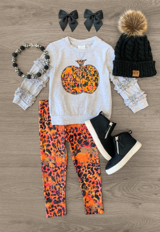 (Custom Design MOQ 5)  Grey Pumpkin Ruffles Top Leopard Legging Pants Girls Fall clothes set