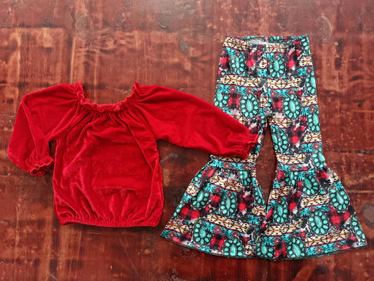 (Custom Design MOQ 5) Red Velvet Top Turquoise Bell Pants Girls Christmas Western Clothes Set