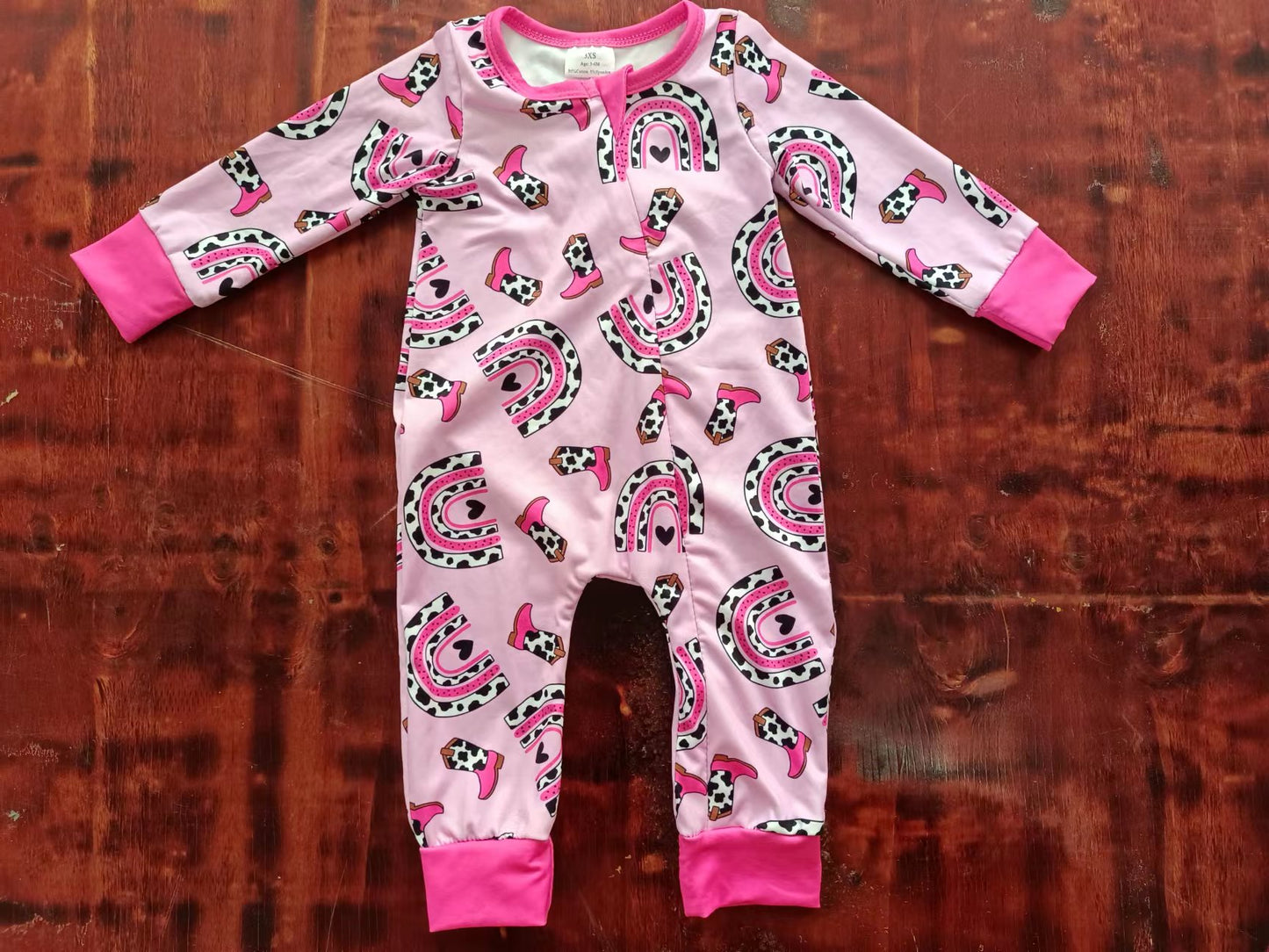 (Custom Design Preorder MOQ 5) Pink Rainbow Boots Print Baby Girls Western Sleeper Zipper Romper