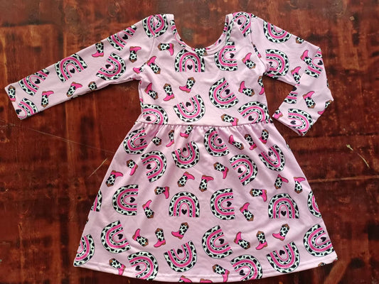 (Custom Design Preorder MOQ 5) Pink Rainbow Boots Print Girls Western Knee Length Dress