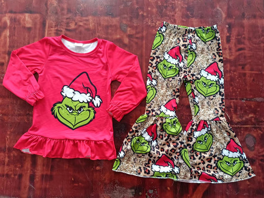 (Custom Design MOQ 5) Christmas Frog Face Leopard Bell Pants Girls Clothes Set