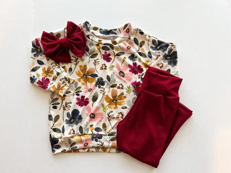 (Custom Design MOQ 5) Flowers top wine pants girls fall clothes set